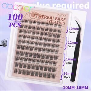Glue-Free Black Cluster Eyelash Set 100 Pcs 10–16mm + Tweezer | Natural Look